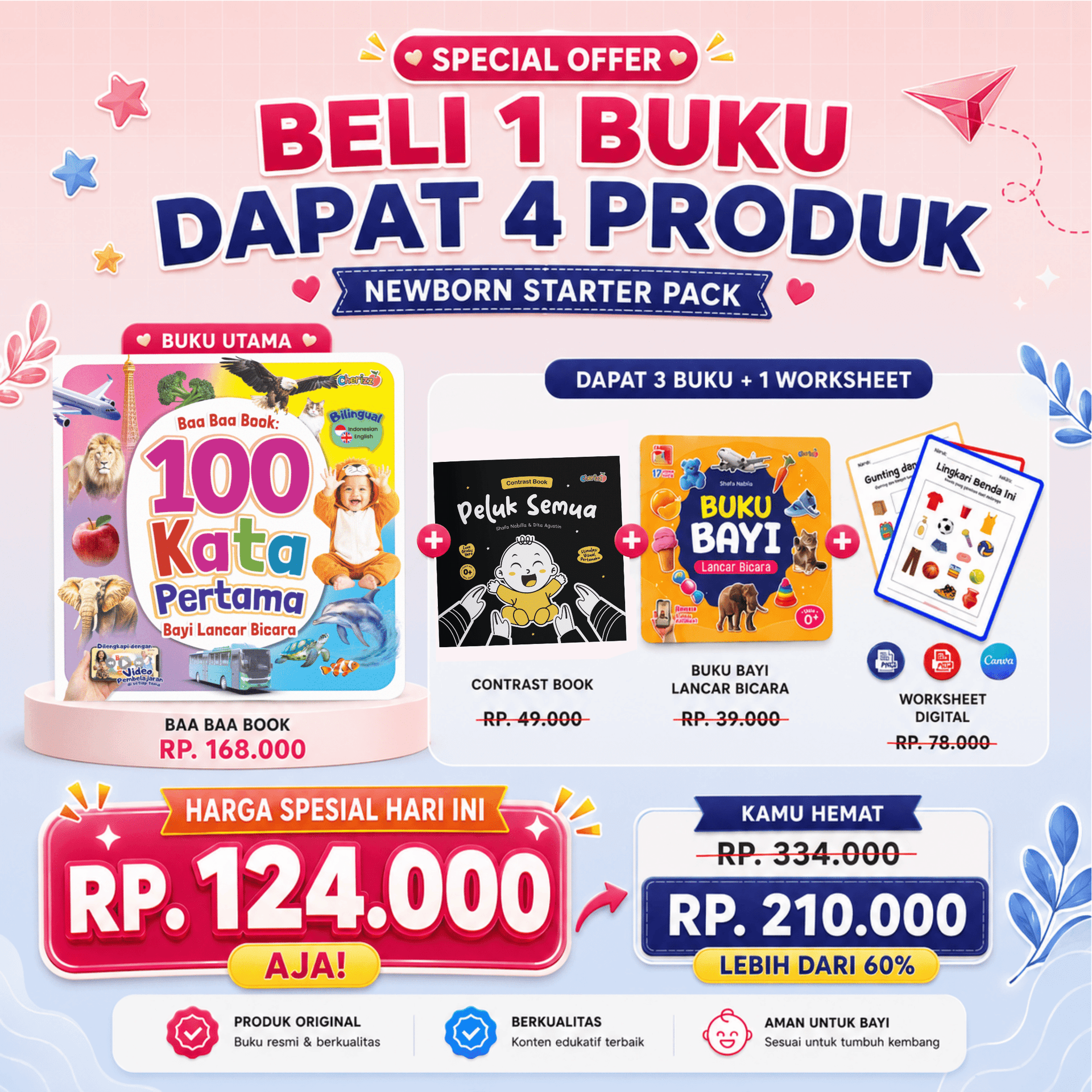 [SPECIAL OFFER] Buy 1 Get 3 Free - Newborn Baby Starter Pack - Buku 100 Kata Pertama Hardcover, Highcontrast Book, Buku Bayi Lancar Bicara, dan Worksheet Digital